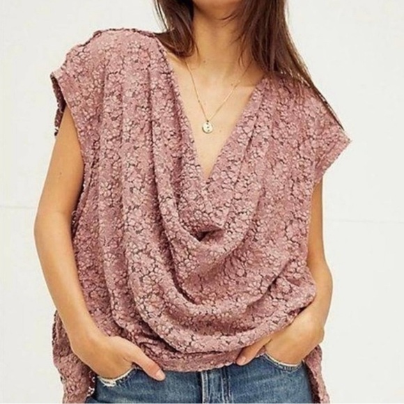 Free People Sweet Whisper Samantha Blue Lace Oversized Cowl Neck Draped Top - Picture 1 of 7